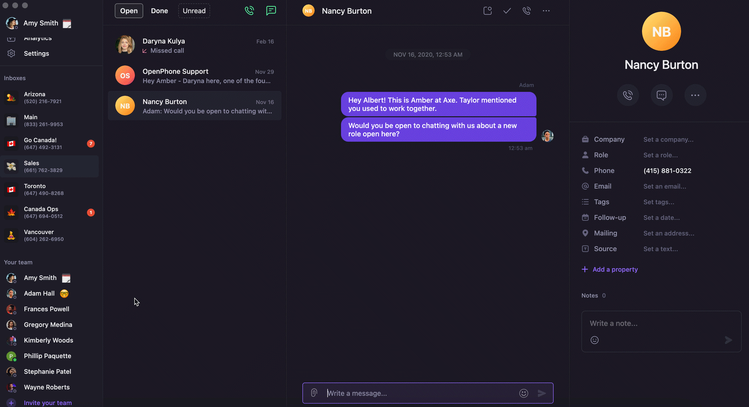 Pasar el cursor para ver los detalles del estado de un miembro del equipo