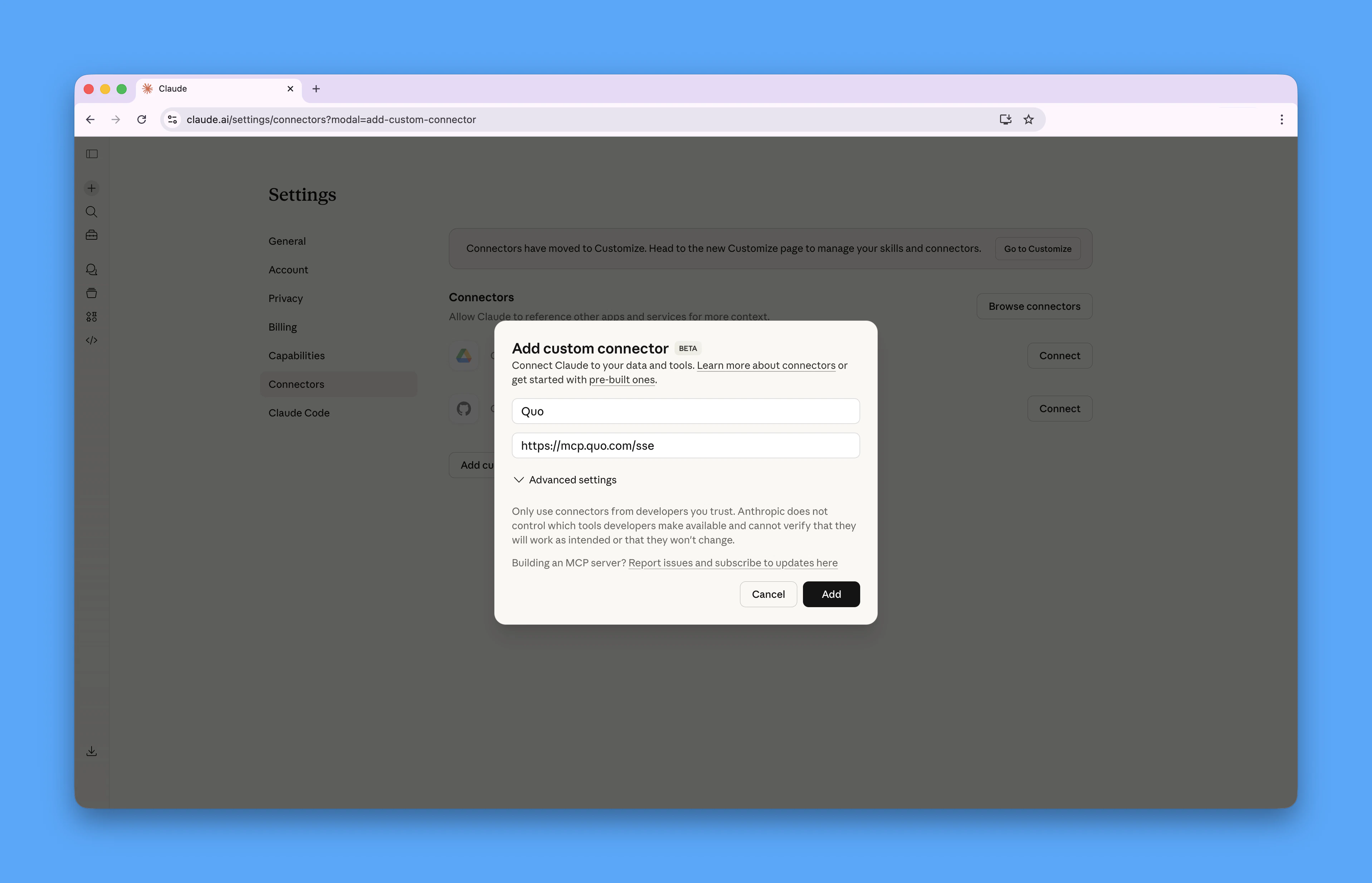 Agregar conector personalizado a Claude