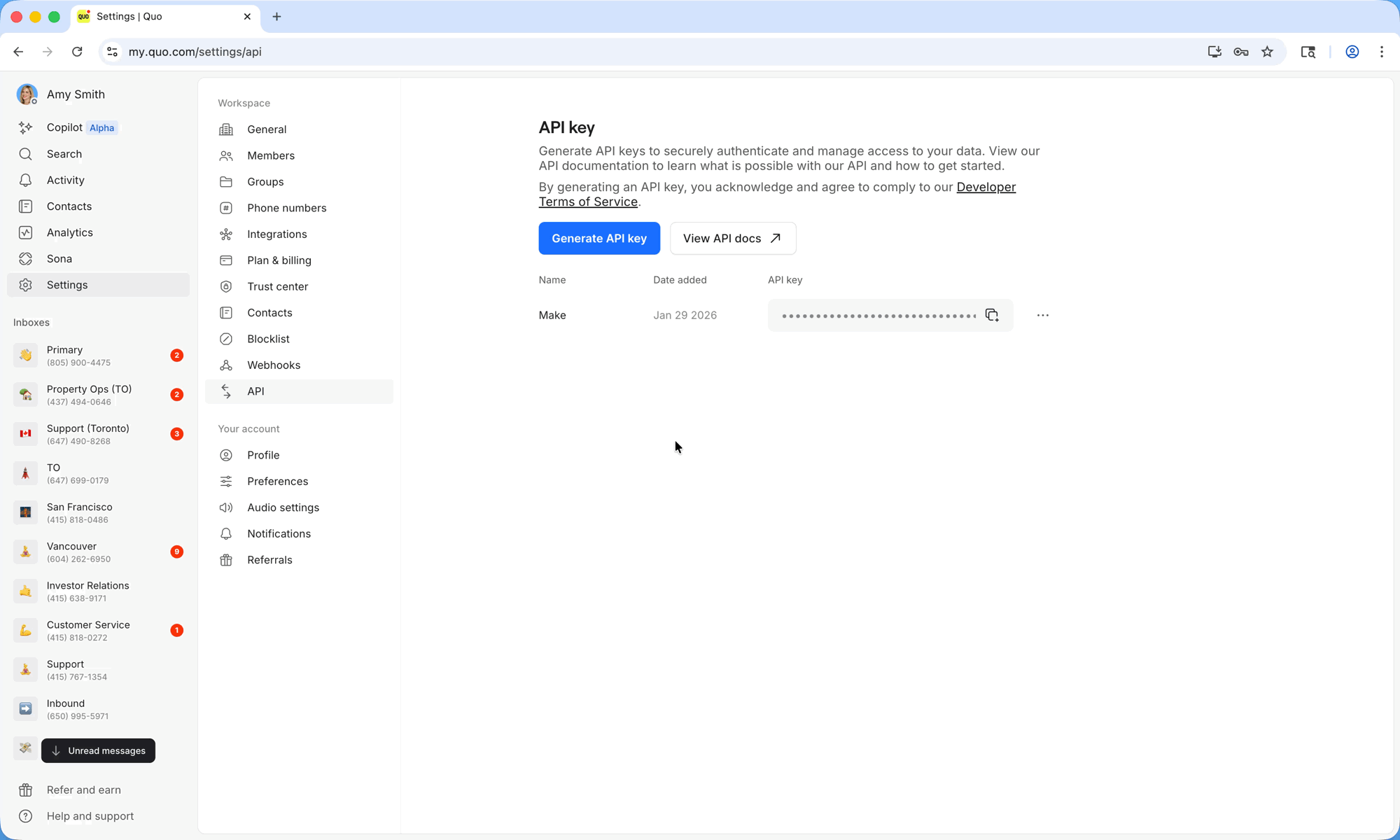 Generar clave de API en Quo