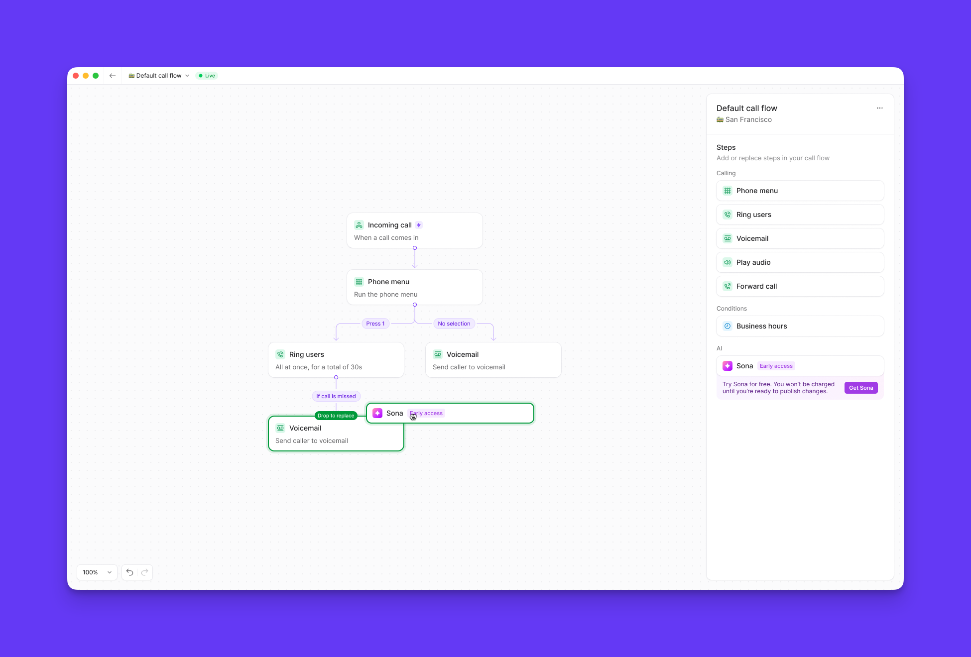 Adding Sona step to call flow builder