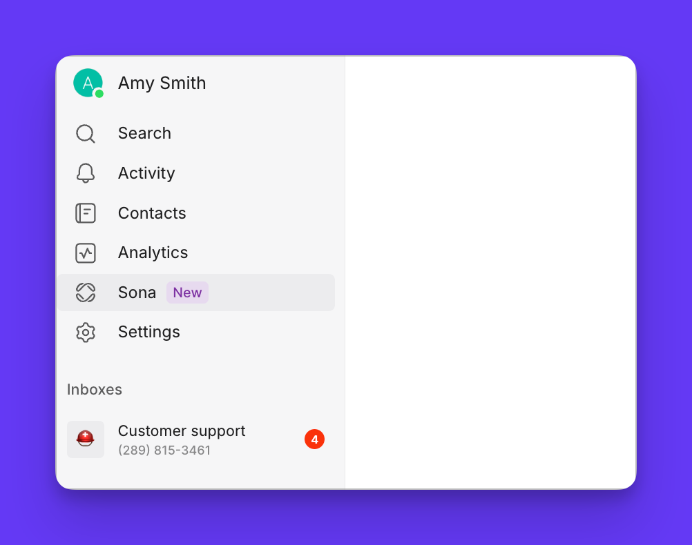 Accès à Sona à partir de la barre latérale de Quo