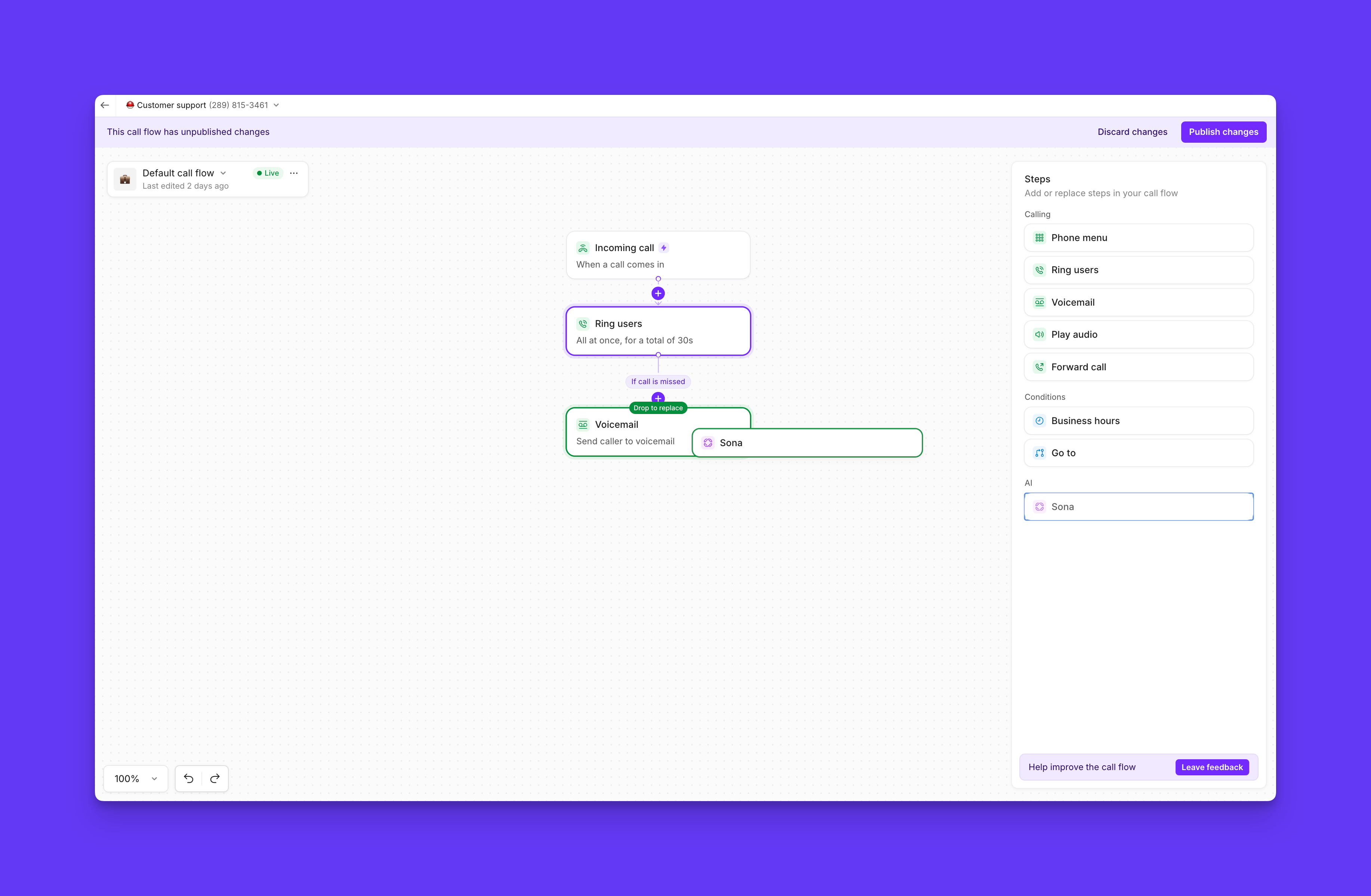Ajout de l’étape Sona au concepteur de flux d’appels