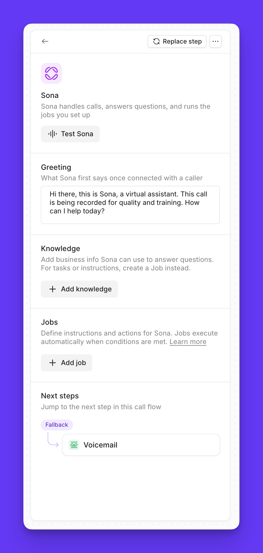 Configuration du message d’accueil Sona dans le panneau de configuration