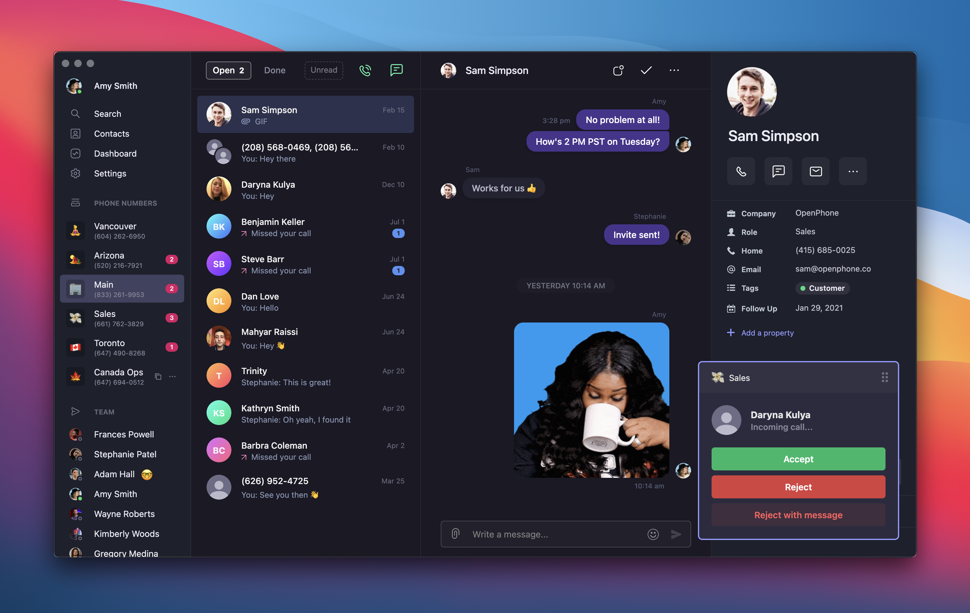 Notificación de llamada entrante en escritorio