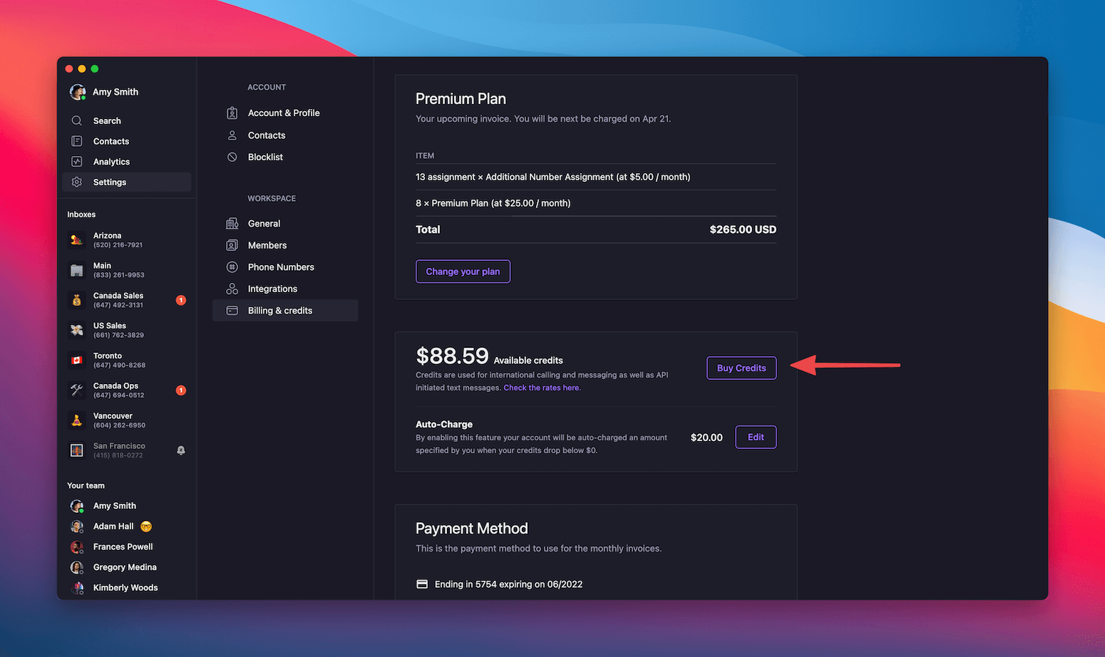 Buying international credits interface