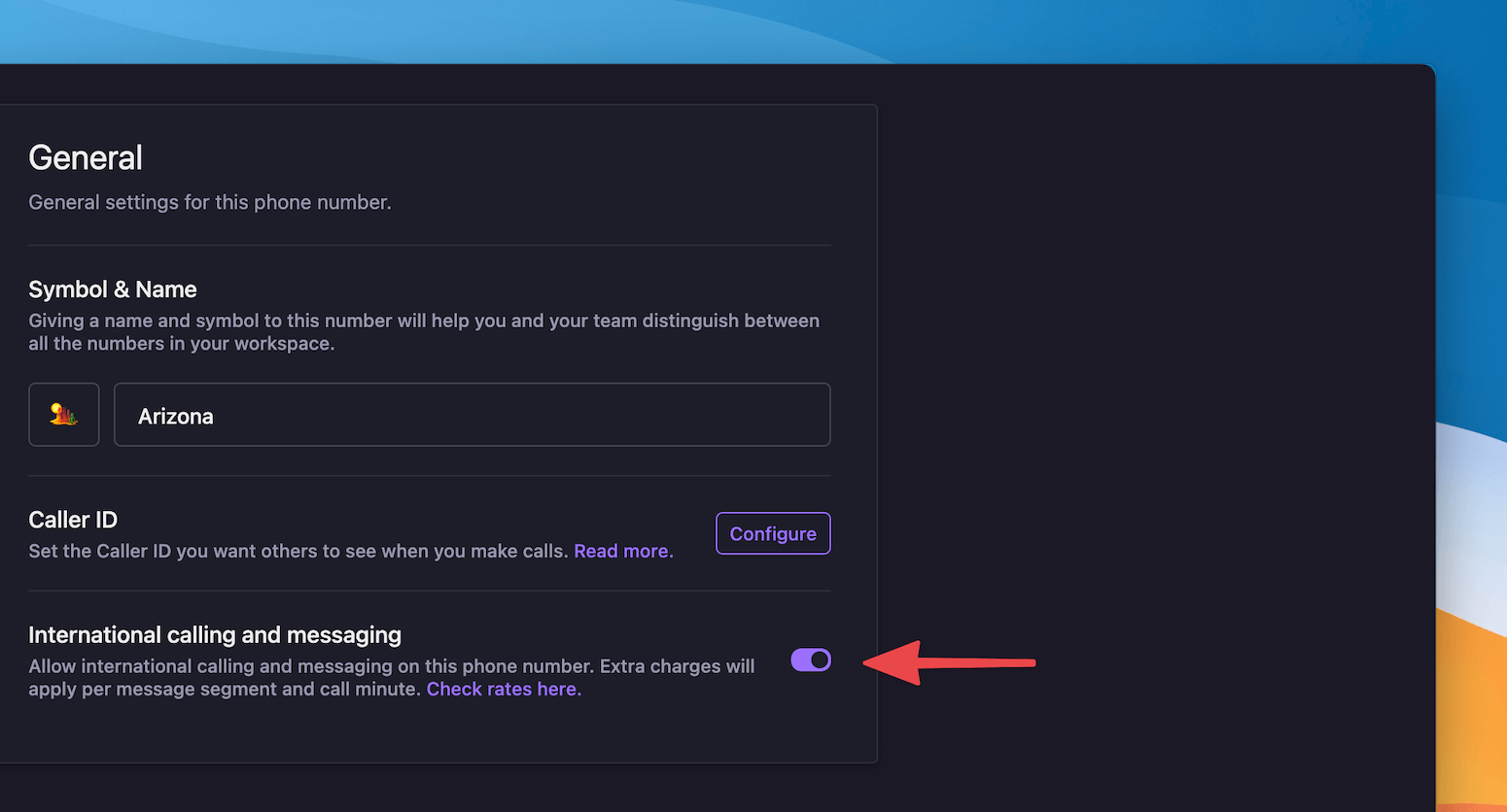 Enabling international calling in phone number settings