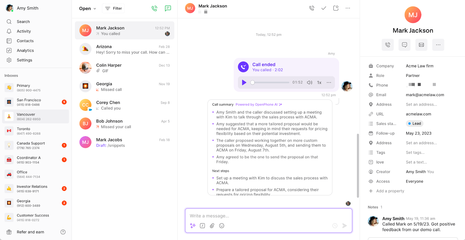 Call summary example in conversation thread