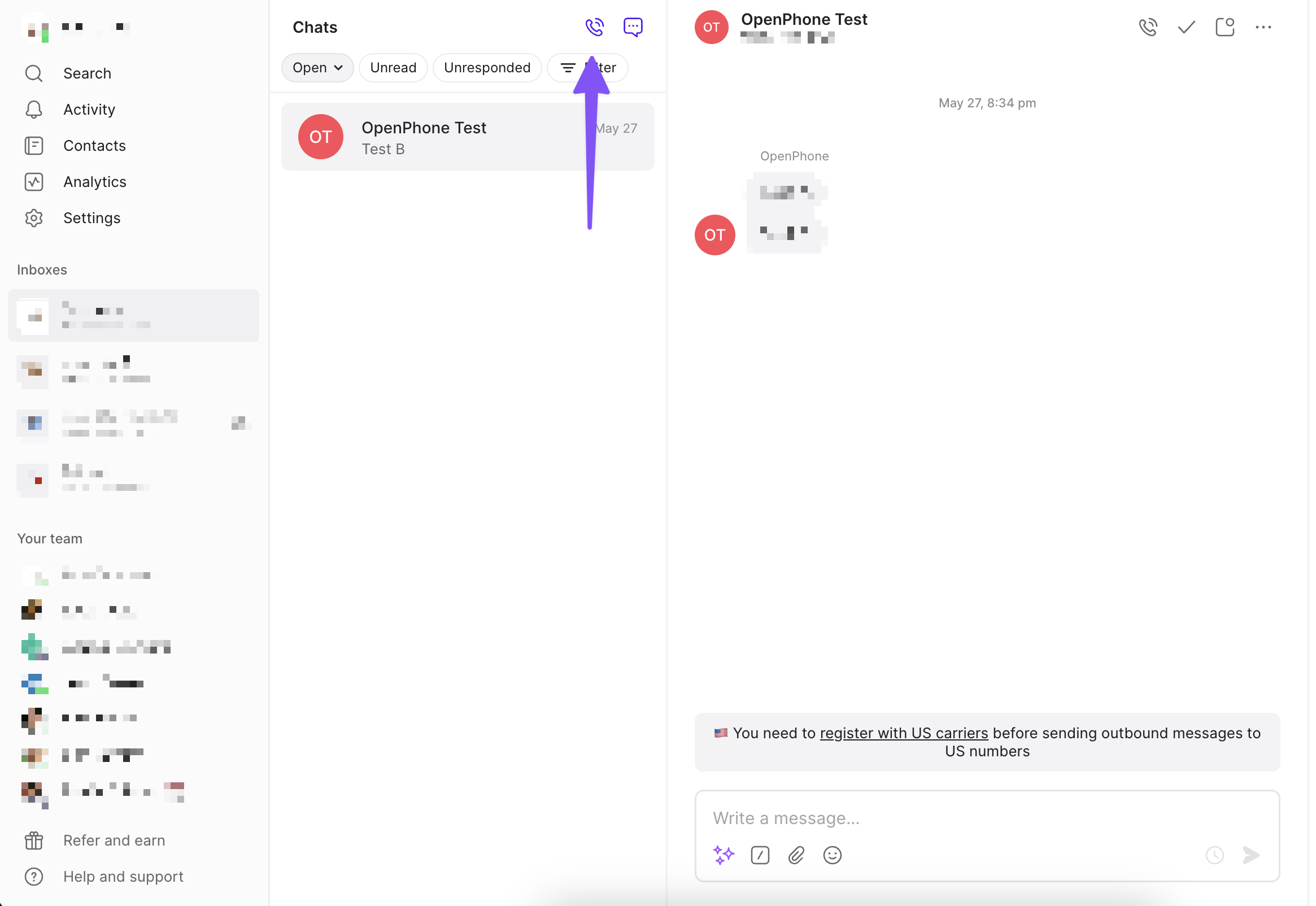 Botón de llamada en la vista de conversación