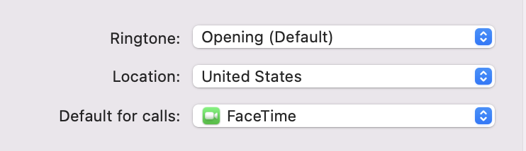 Configuración de FaceTime que muestra la opción de app de llamadas predeterminada