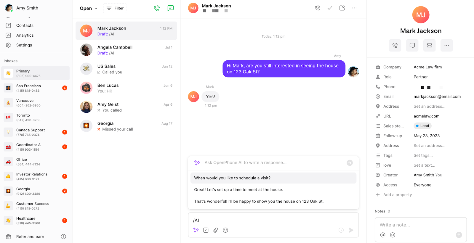 AI message response suggestions in OpenPhone