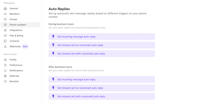 Setting up auto-replies in OpenPhone settings