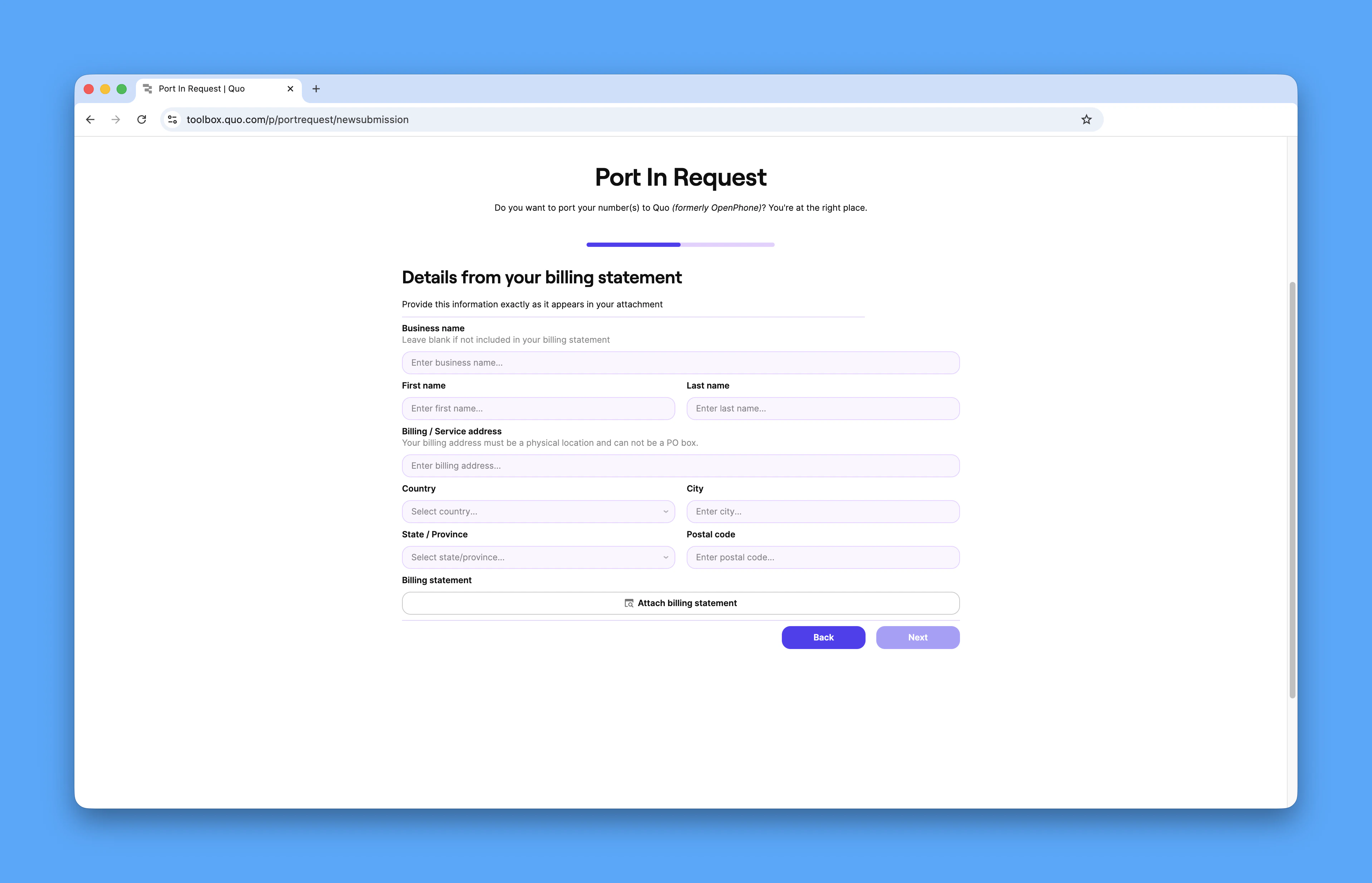 Billing statement upload section