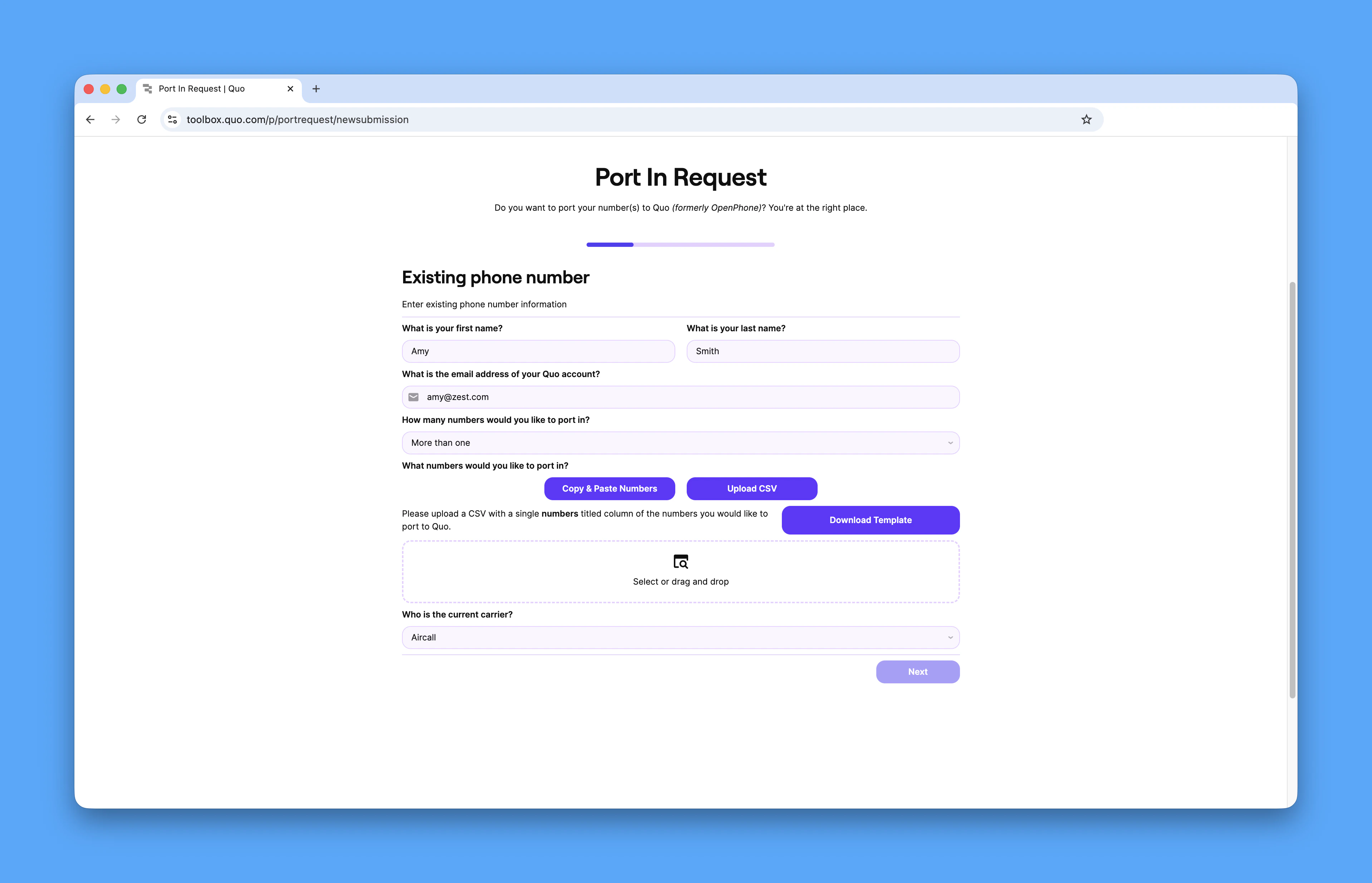 Add numbers to Port In Request