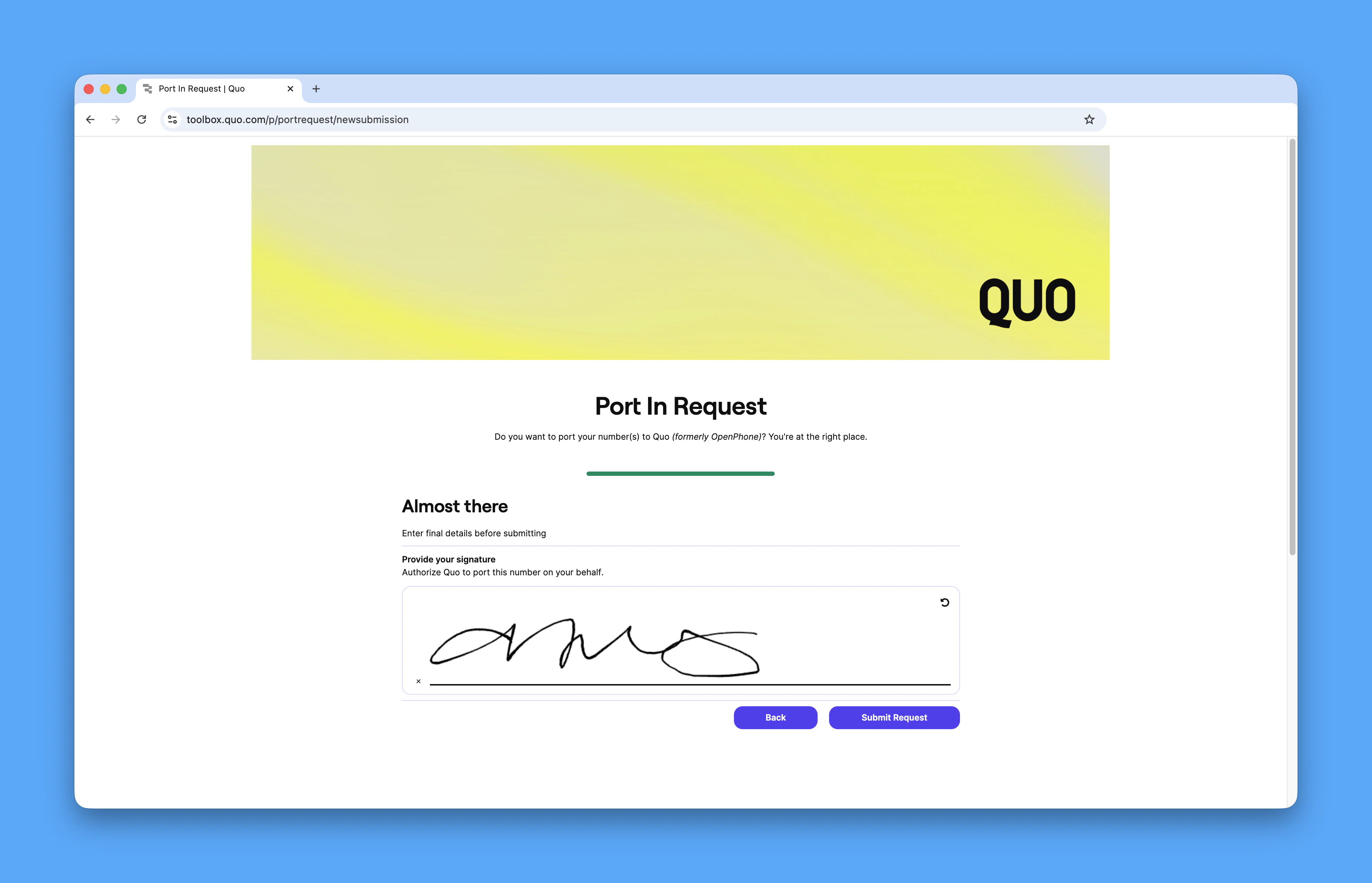 Digitally sign Port In Request