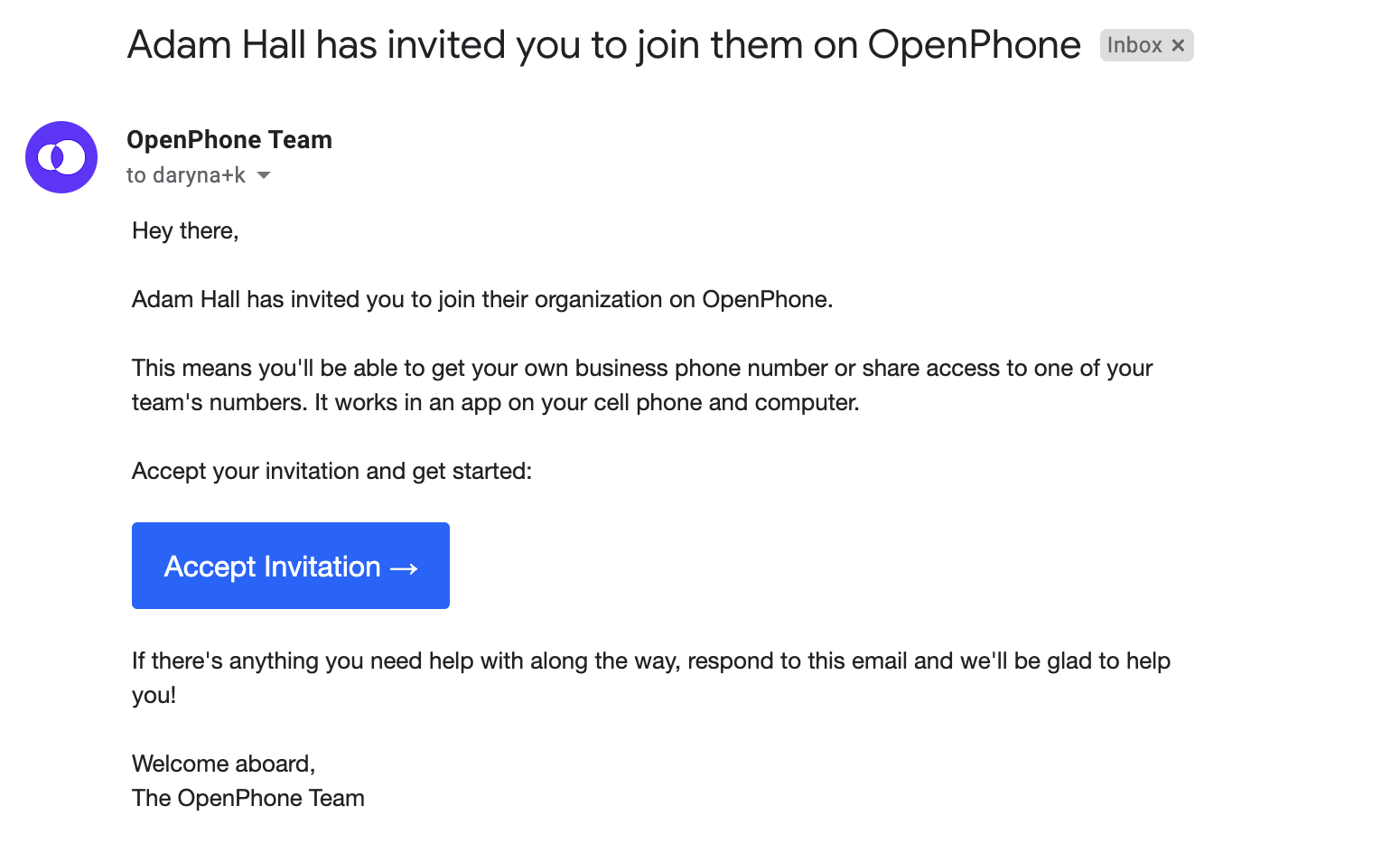 Correo de invitación de OpenPhone