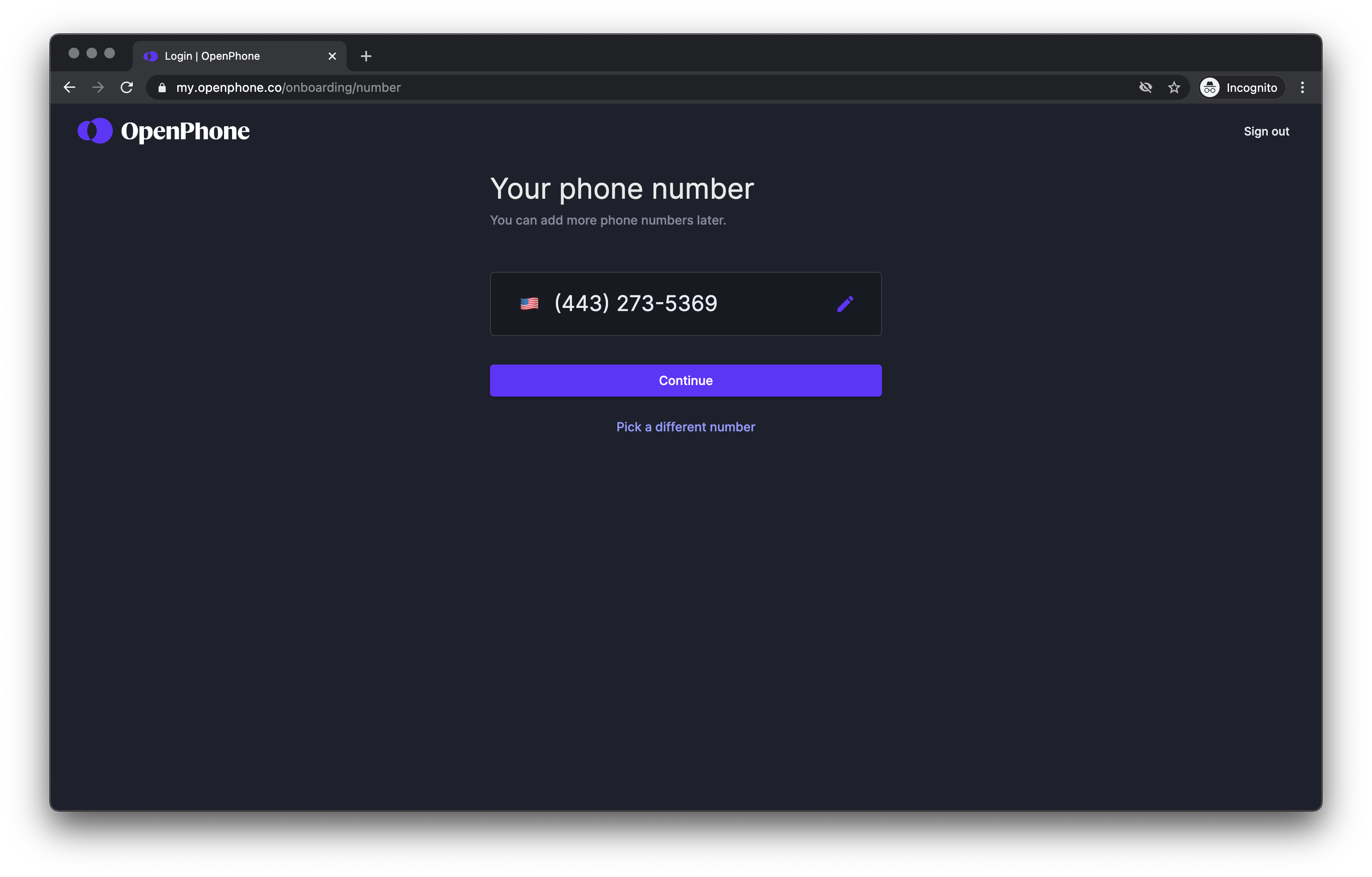 Pantalla para elegir tu número de teléfono