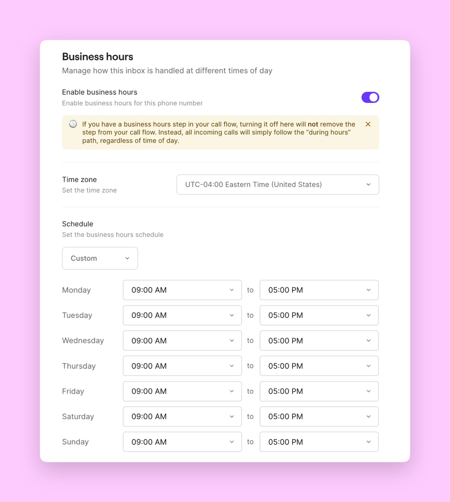 Business hours configuration in call flow builder