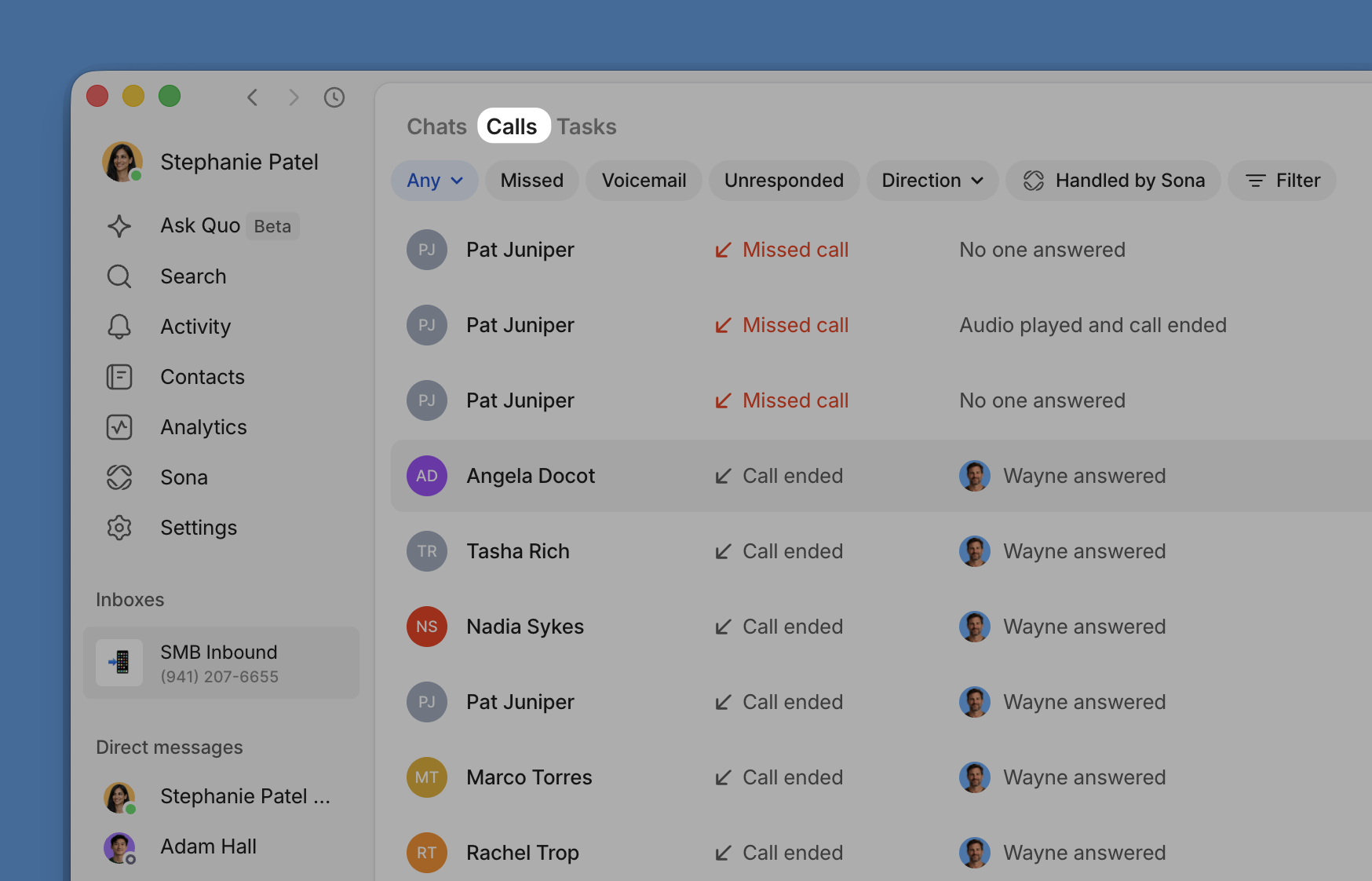 Call activity tab
