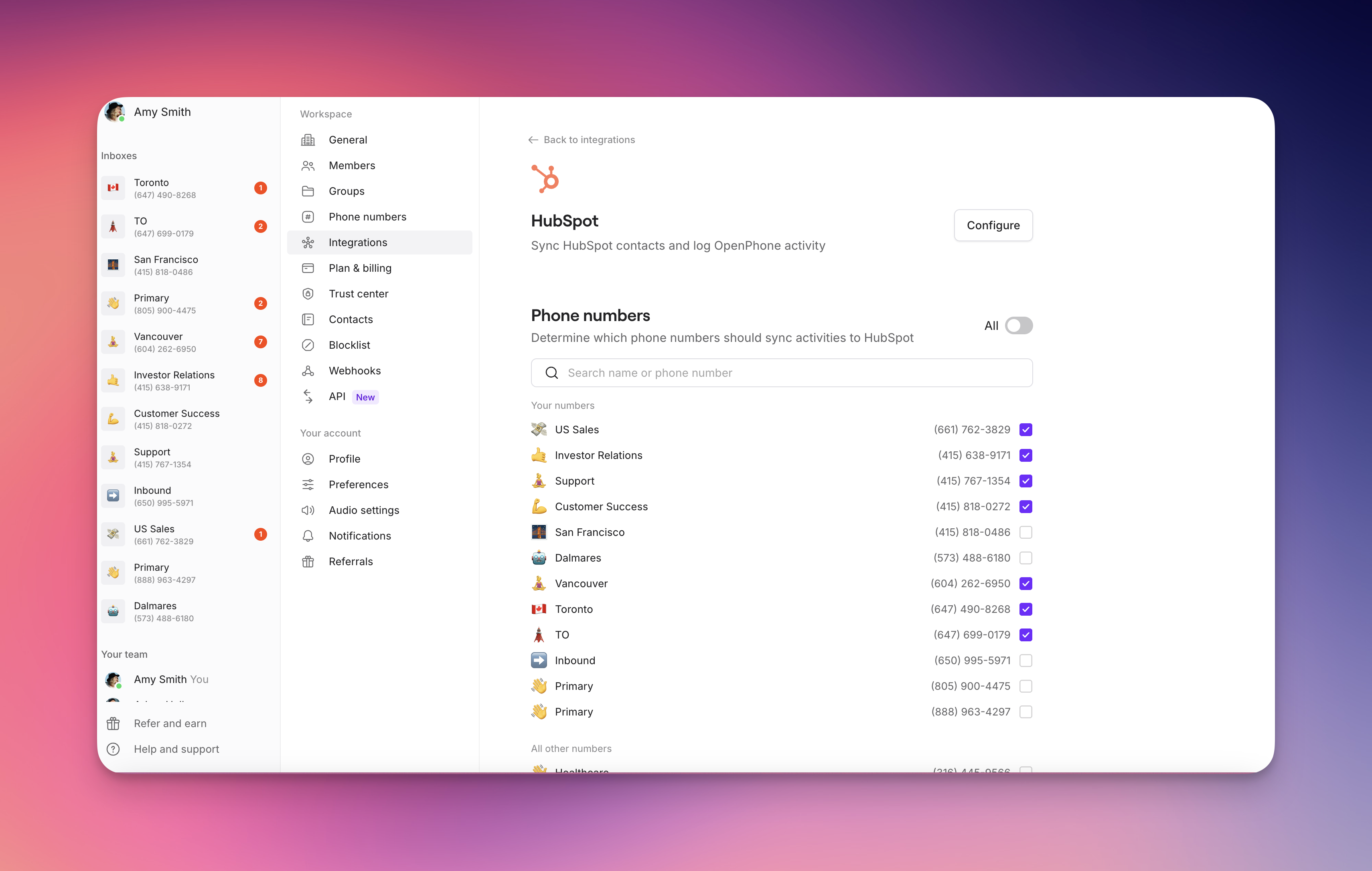 Selección de número de teléfono para la sincronización con HubSpot