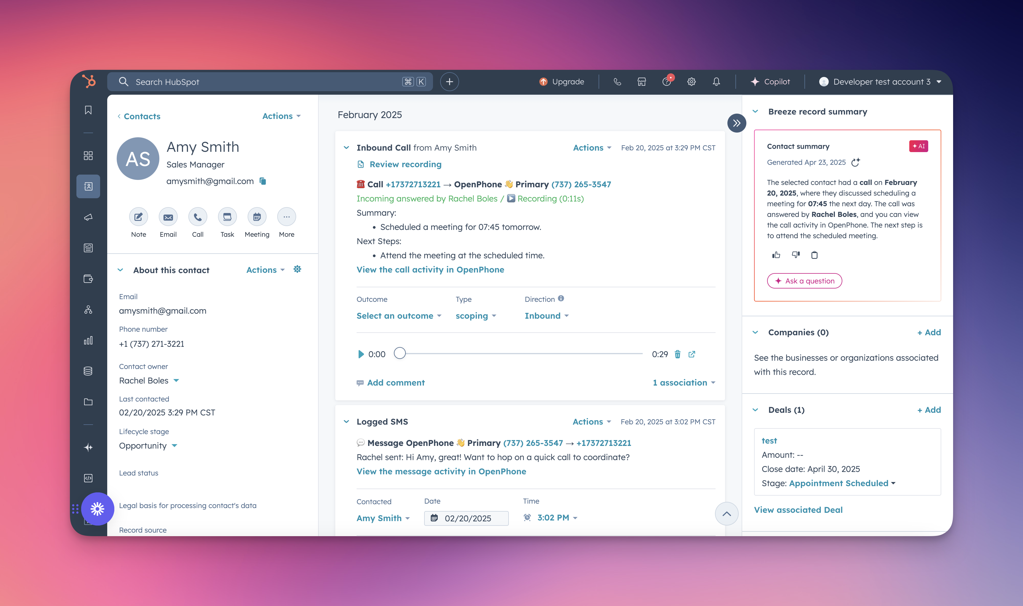 Actividades de OpenPhone registradas en el registro de contacto de HubSpot