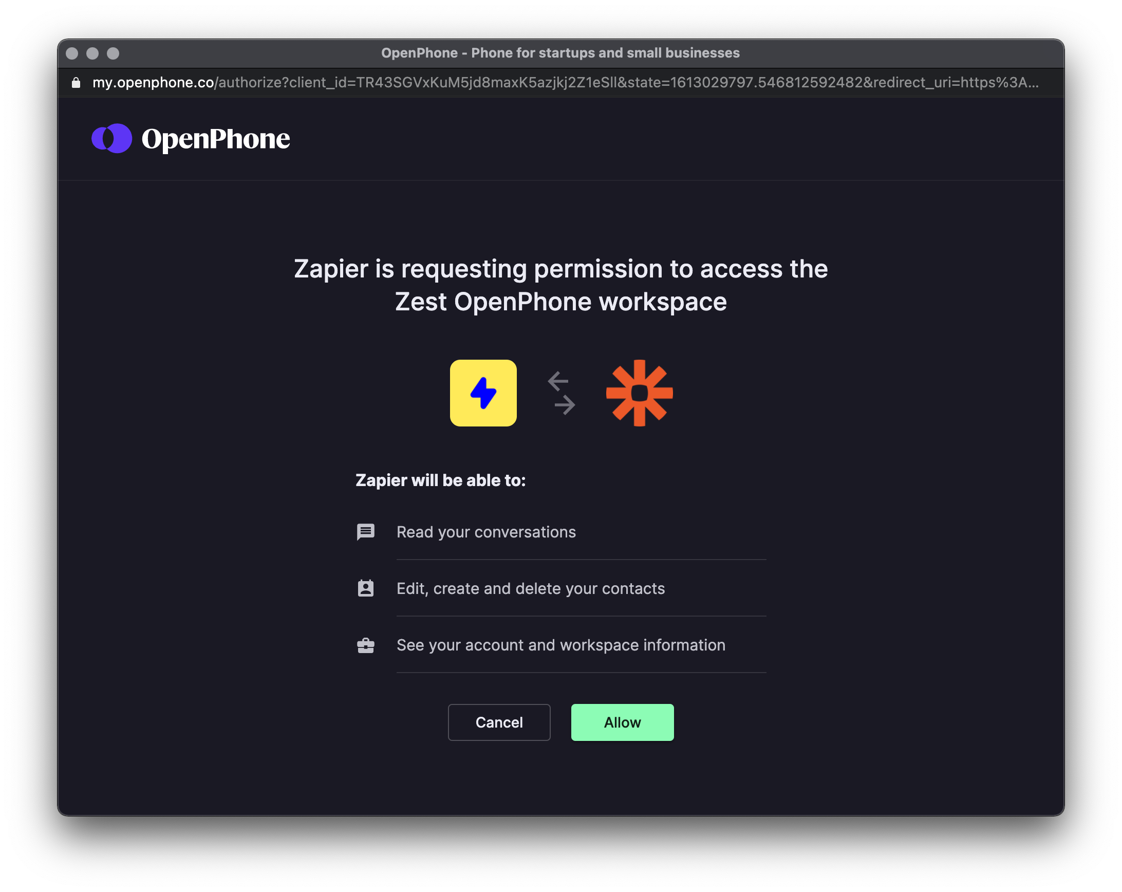 OpenPhone authentication in Zapier