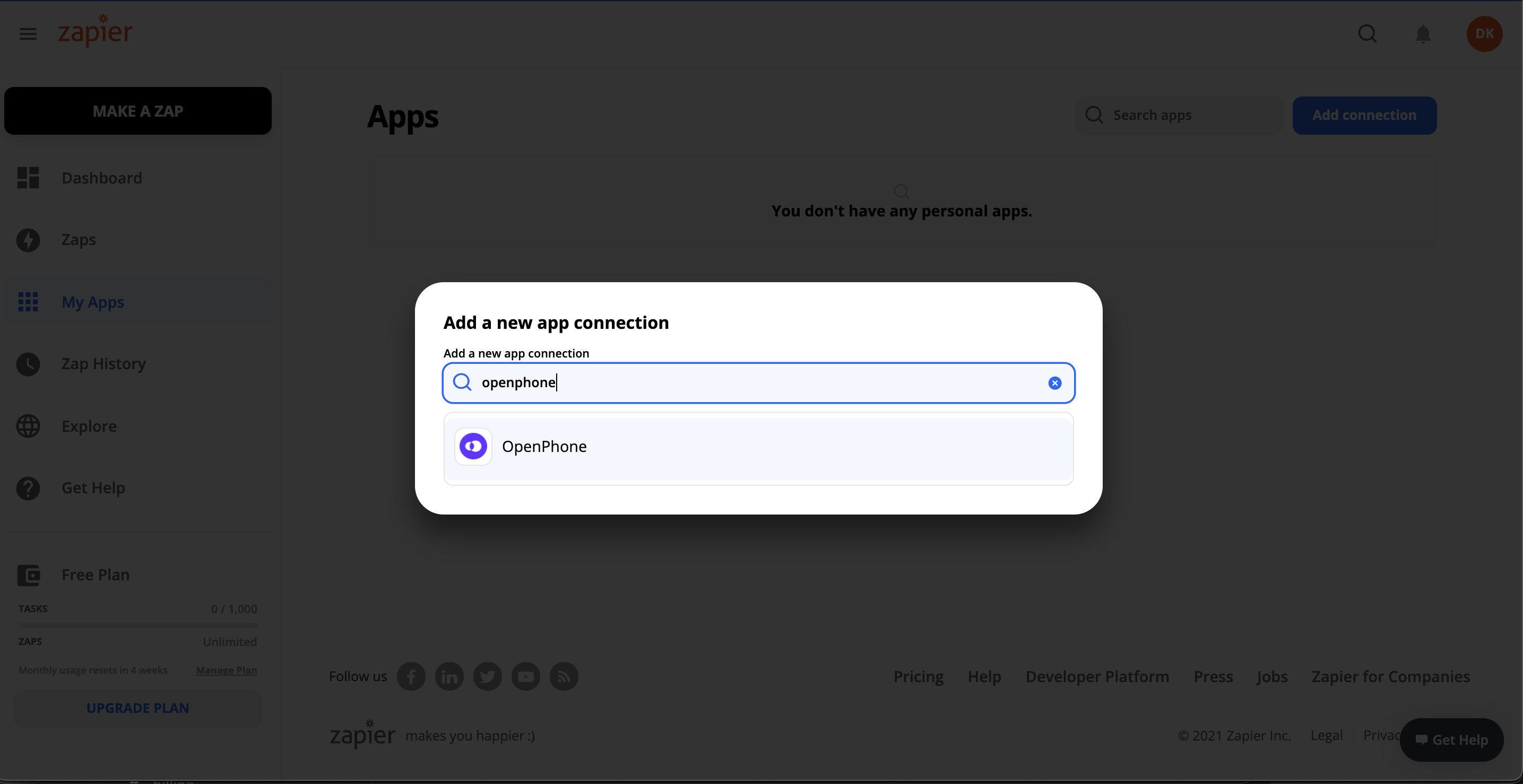 Searching for OpenPhone in Zapier