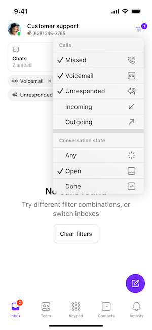 Call view filters on mobile
