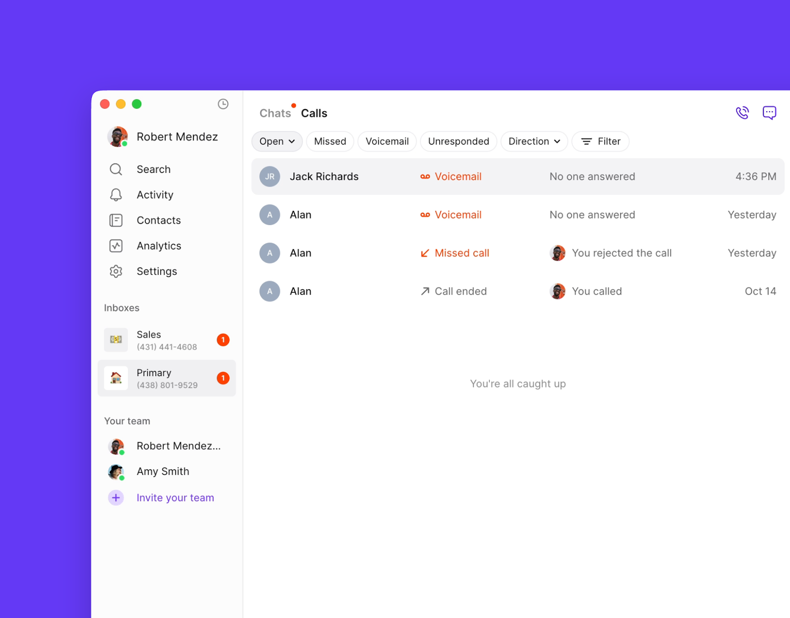 Call views interface in OpenPhone web app