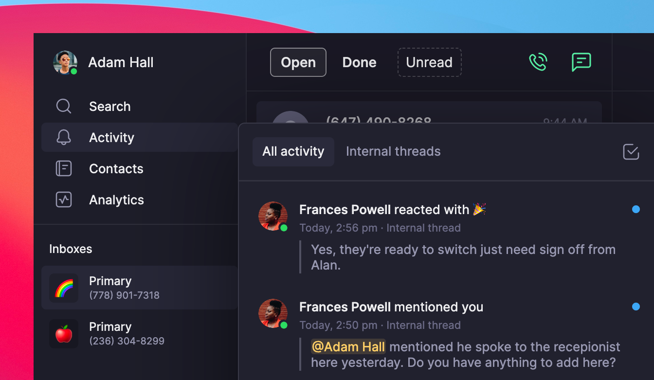 Notification de réaction de l’équipe dans le fil d’activité