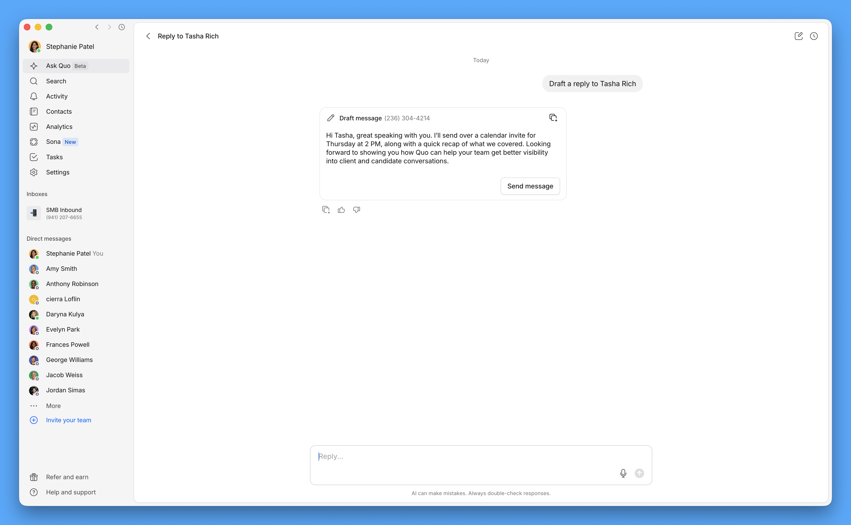 Redacta una respuesta con Quo Agent