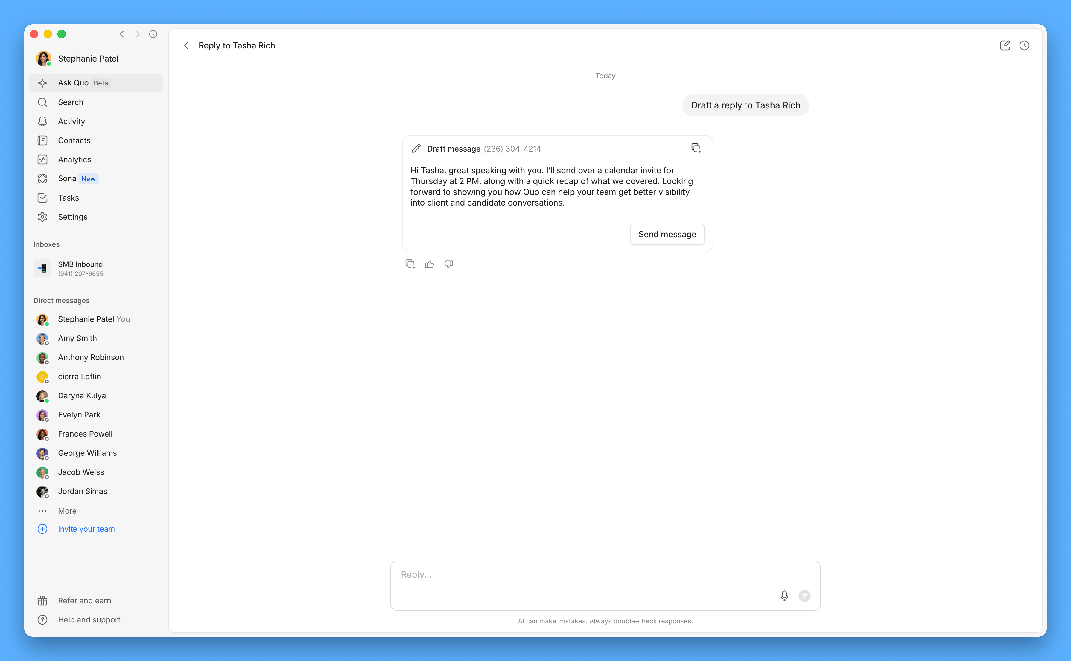 Redacta una respuesta con Quo Agent