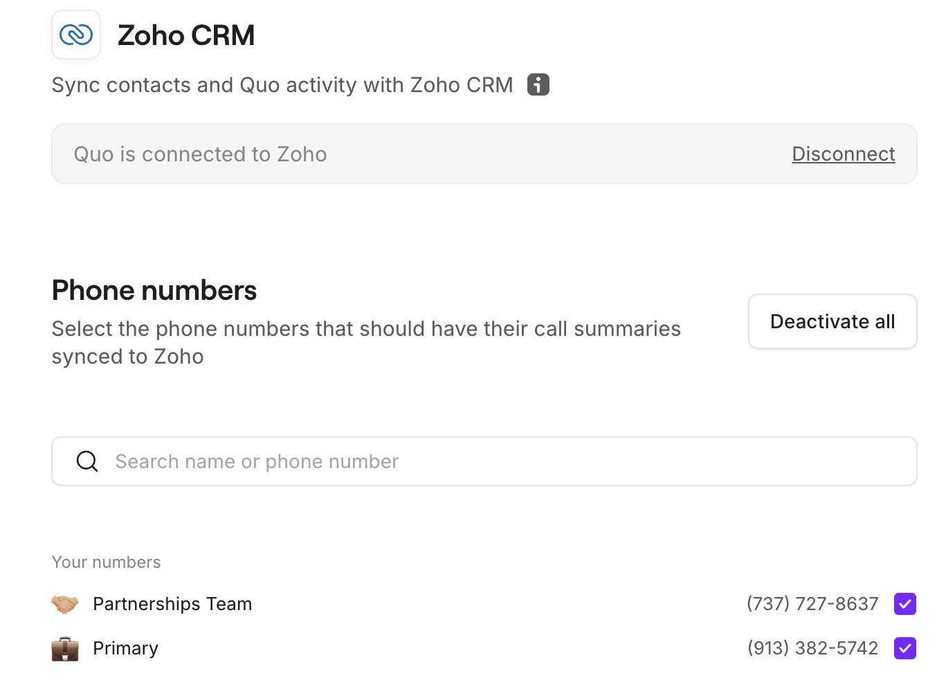 Elegir número para sincronizar con Zoho CRM
