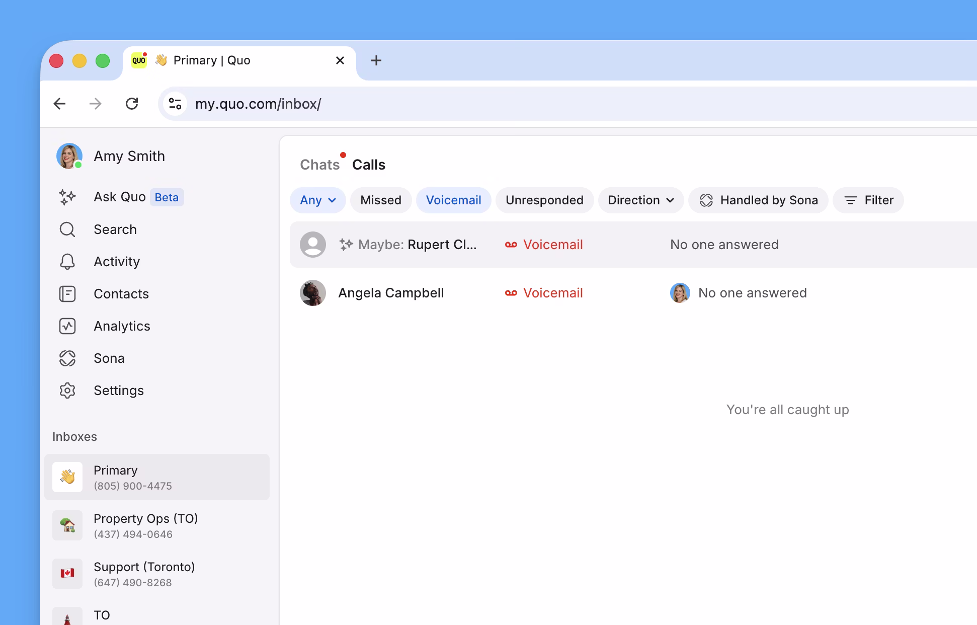 Calls view Quo inbox filters