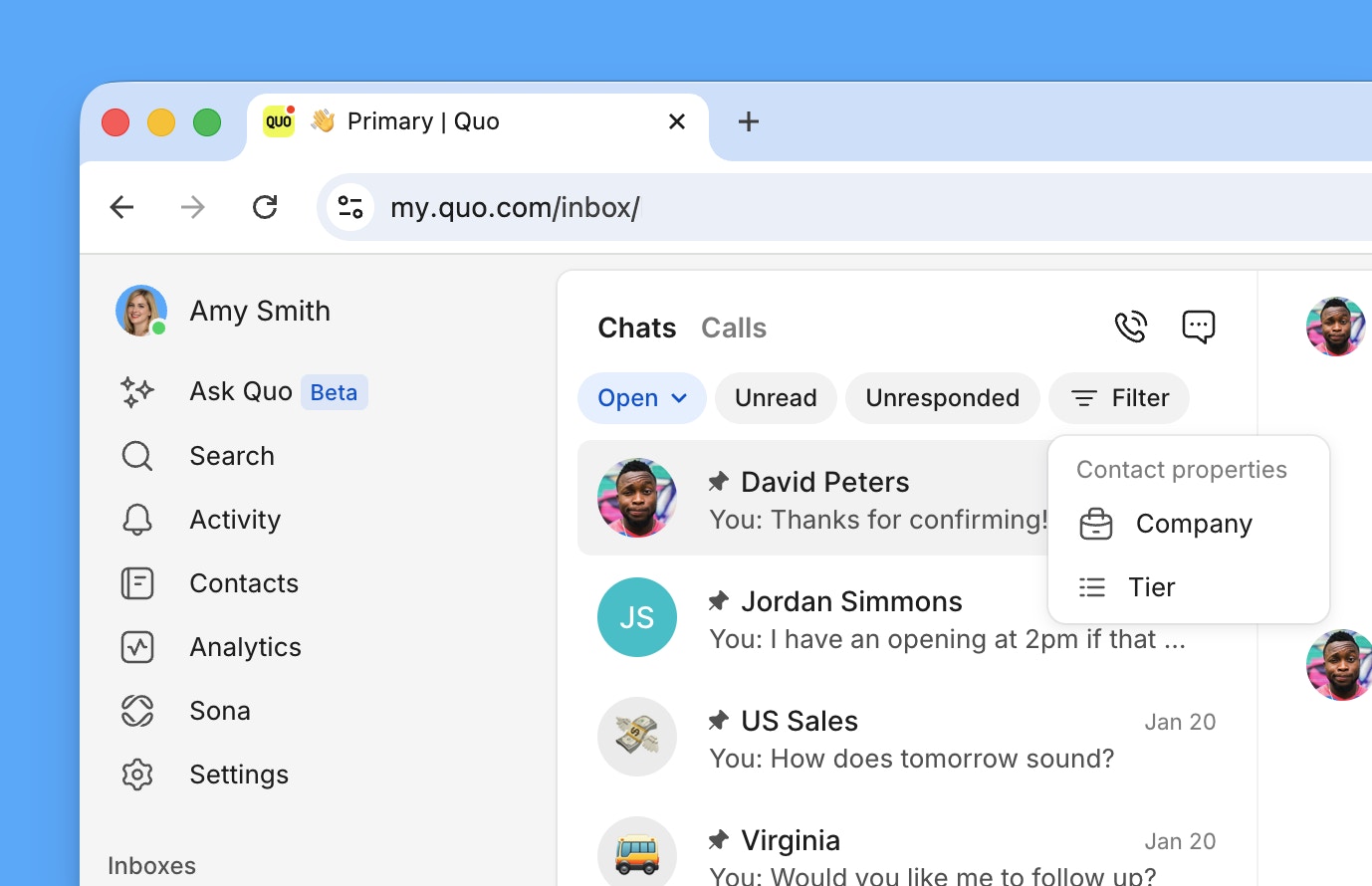 Chats view Quo inbox filters