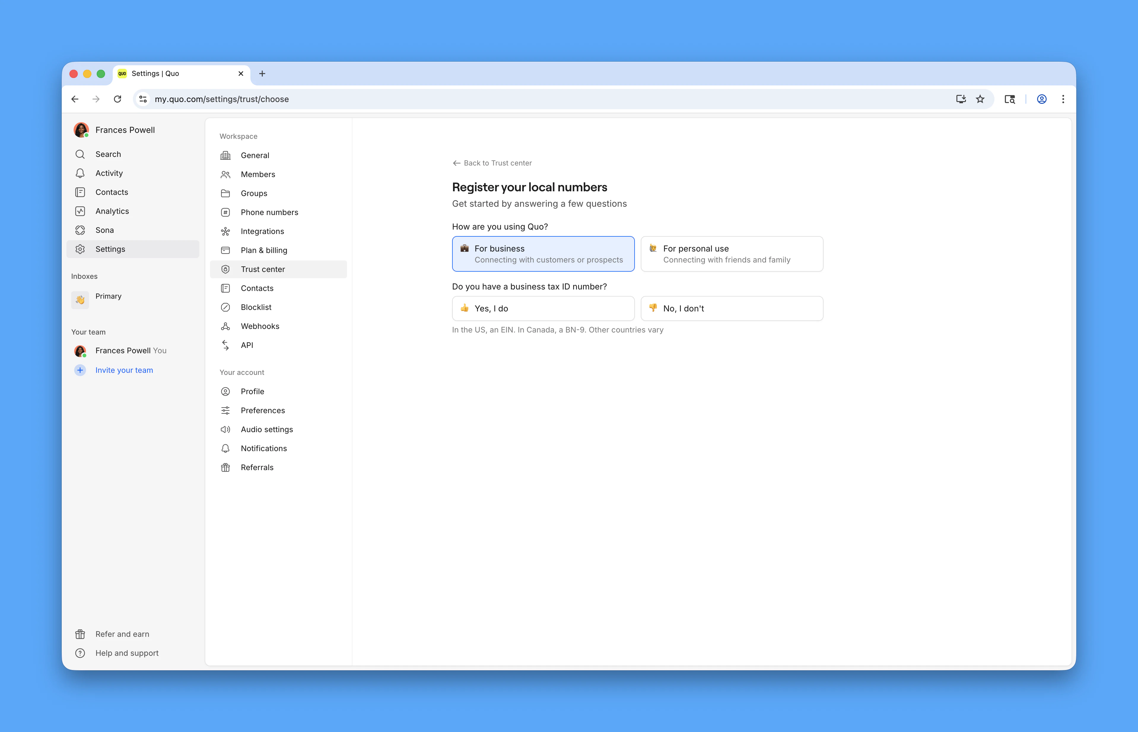 "For business" option selected in registration flow