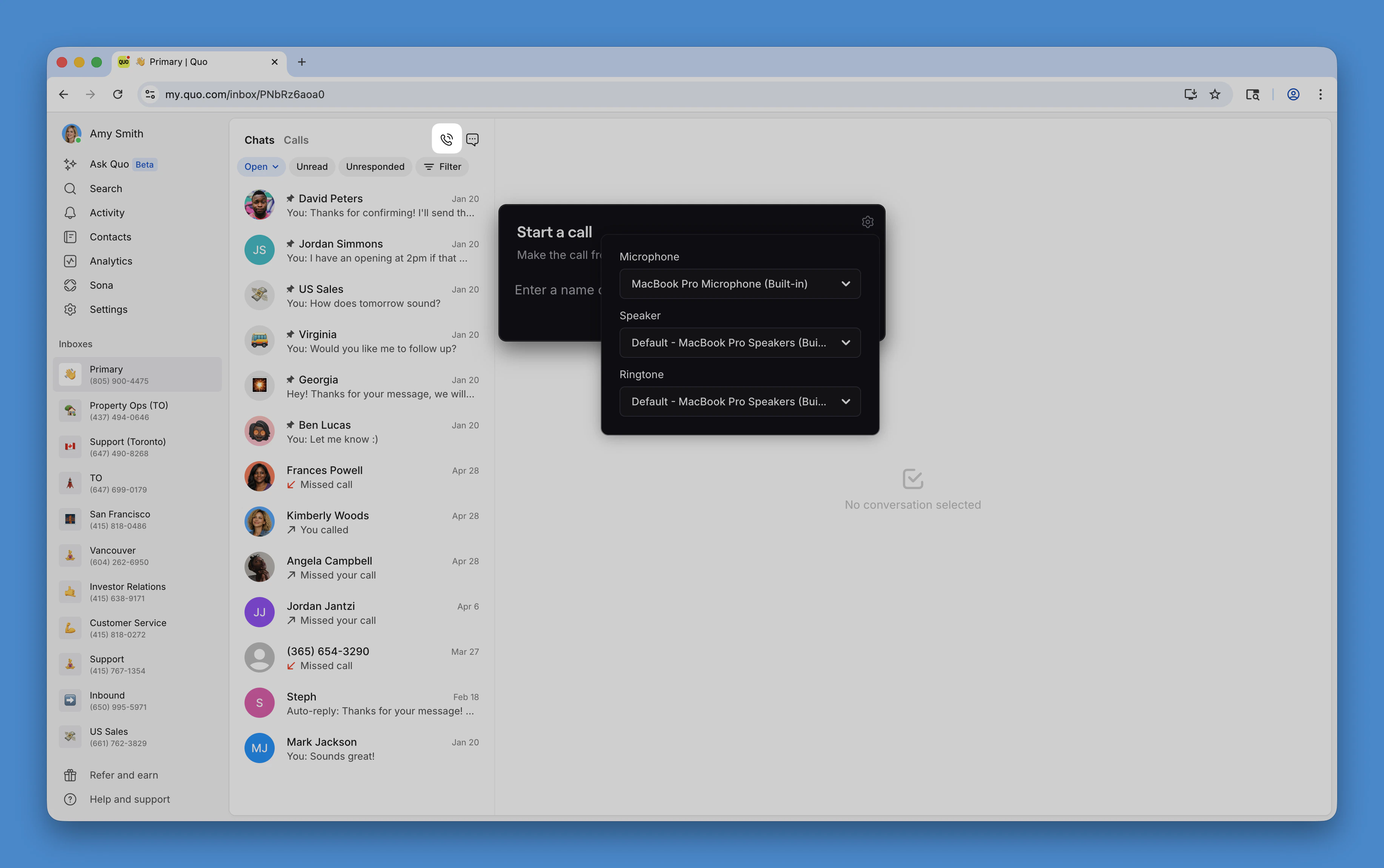 Call button location in Quo