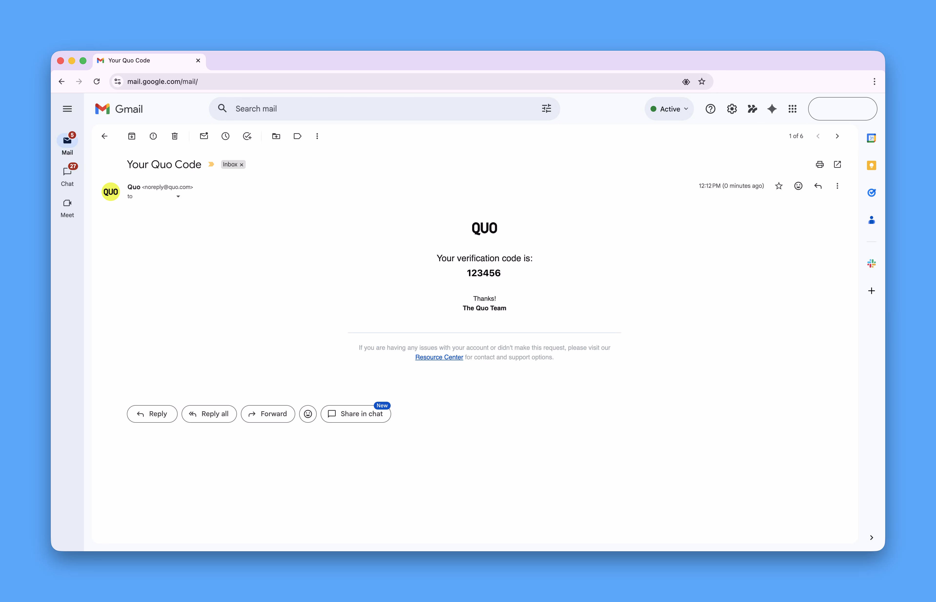 Quo verification code email example