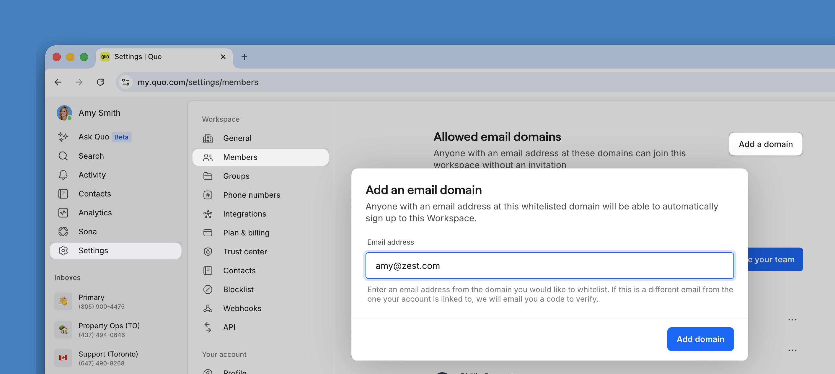 Email domain claiming interface