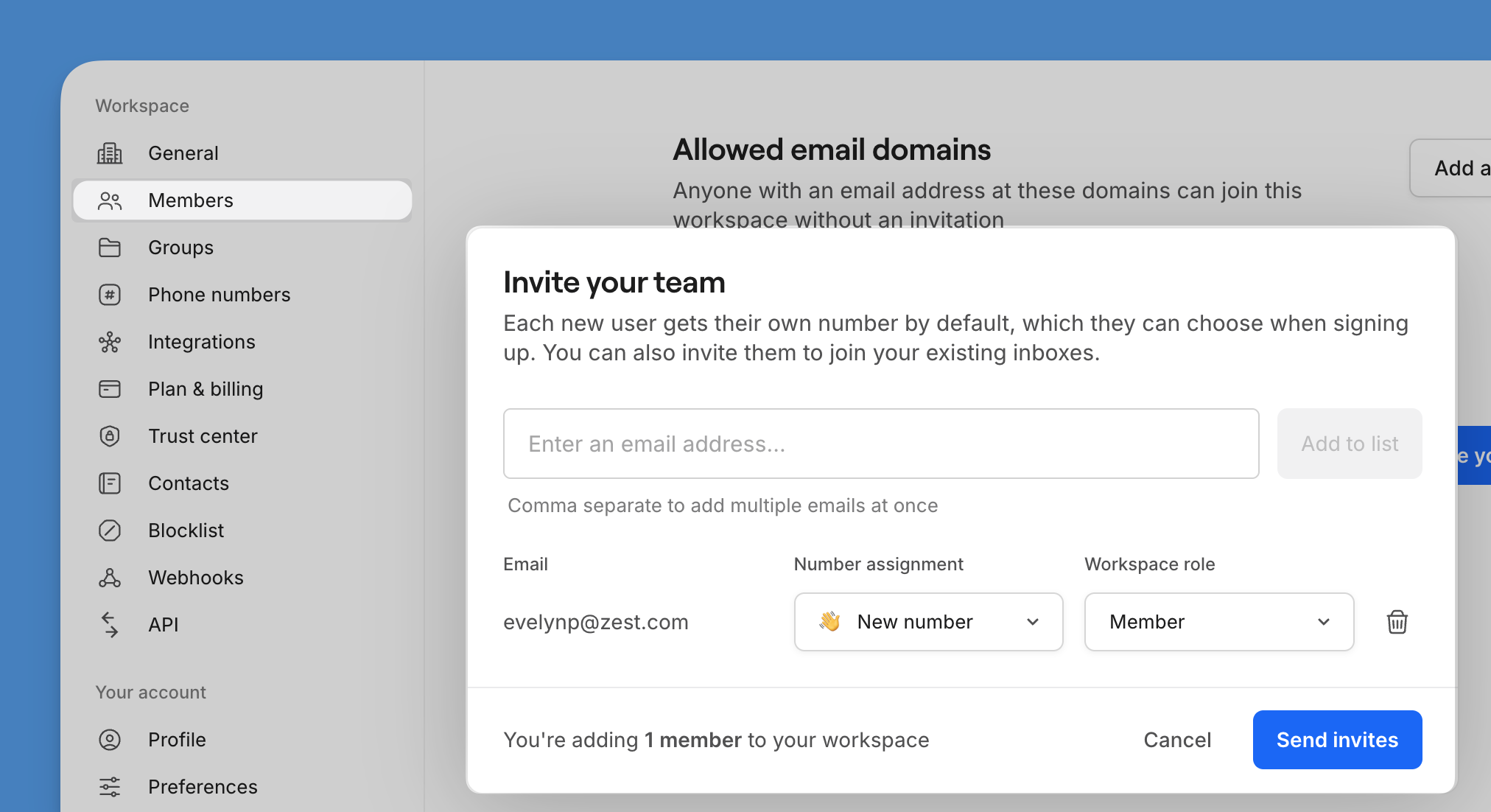 Inviting team members by email