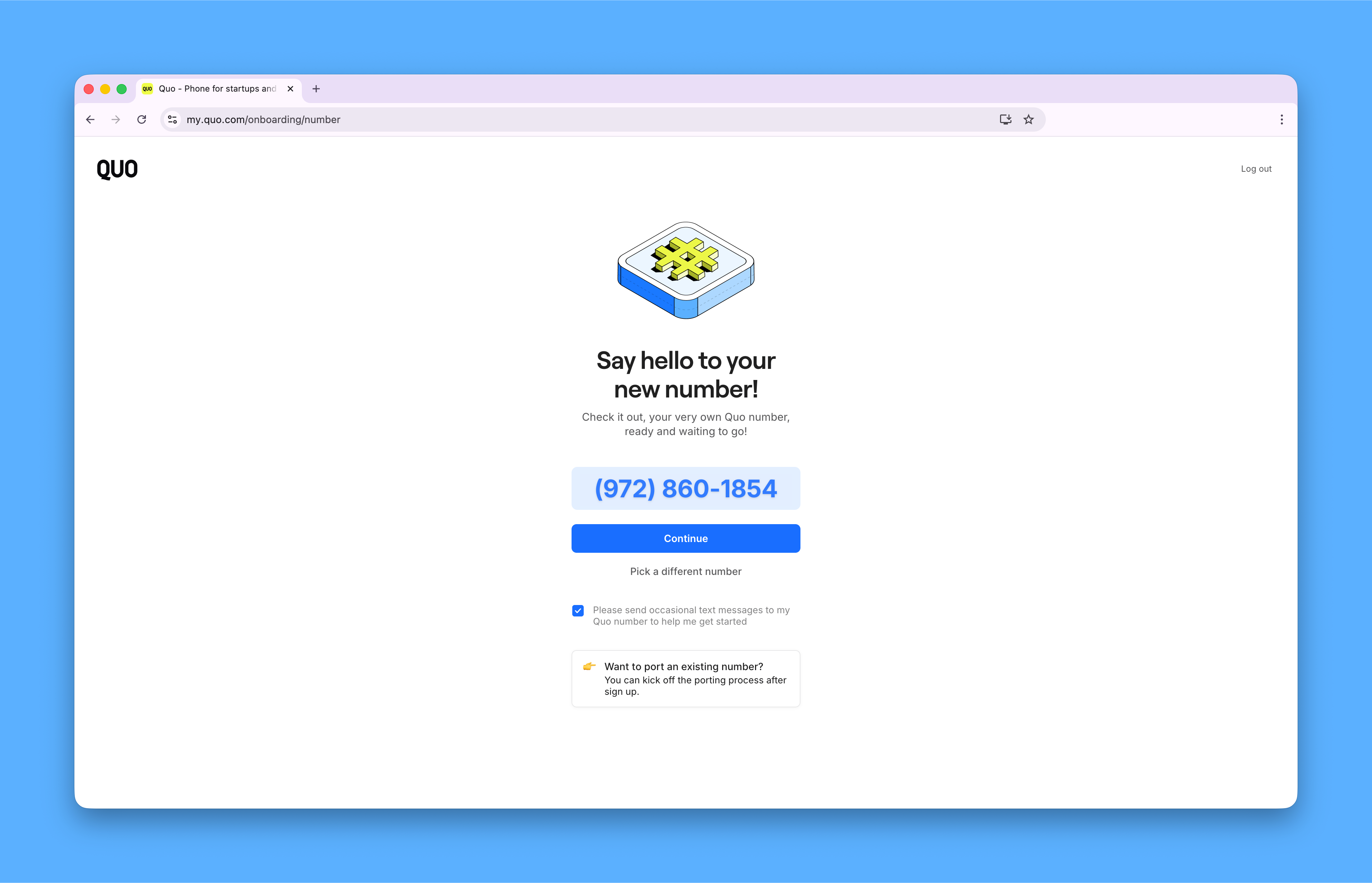 Pick your phone number screen