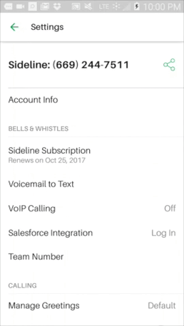 Sideline app showing the number porting unlock process