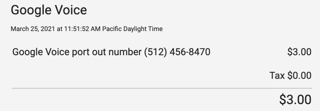 Recibo por el pago de la tarifa de salida de Google Voice