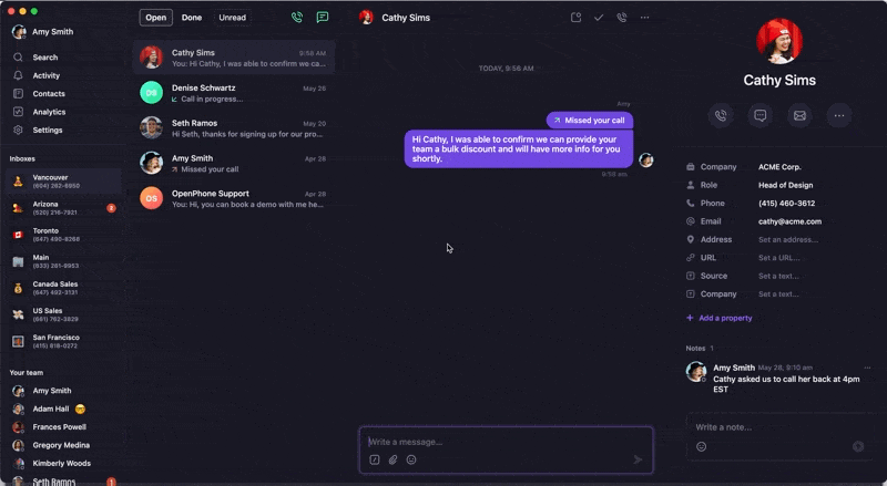 Example of mentioning a teammate in OpenPhone