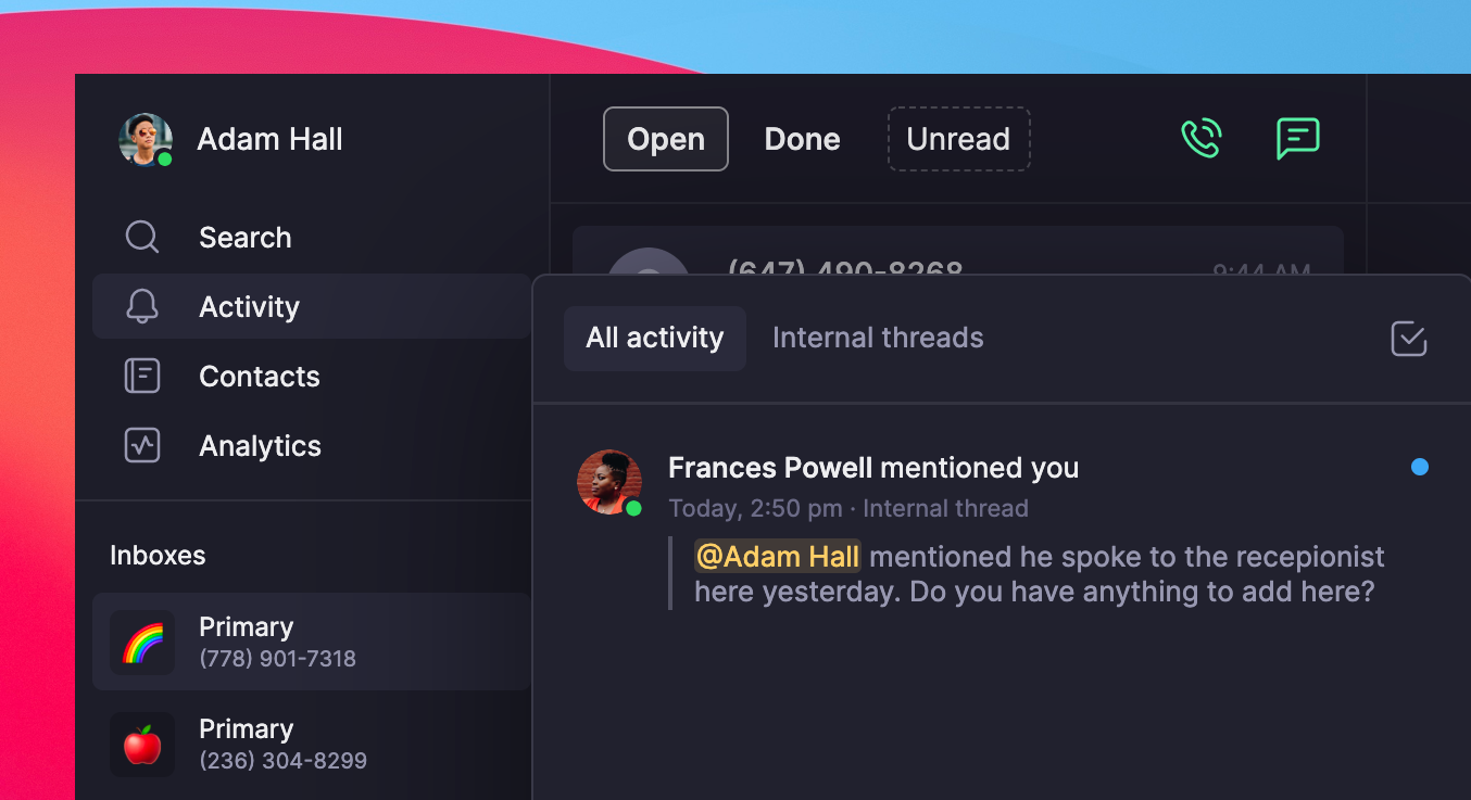 Mentions shown in OpenPhone activity feed