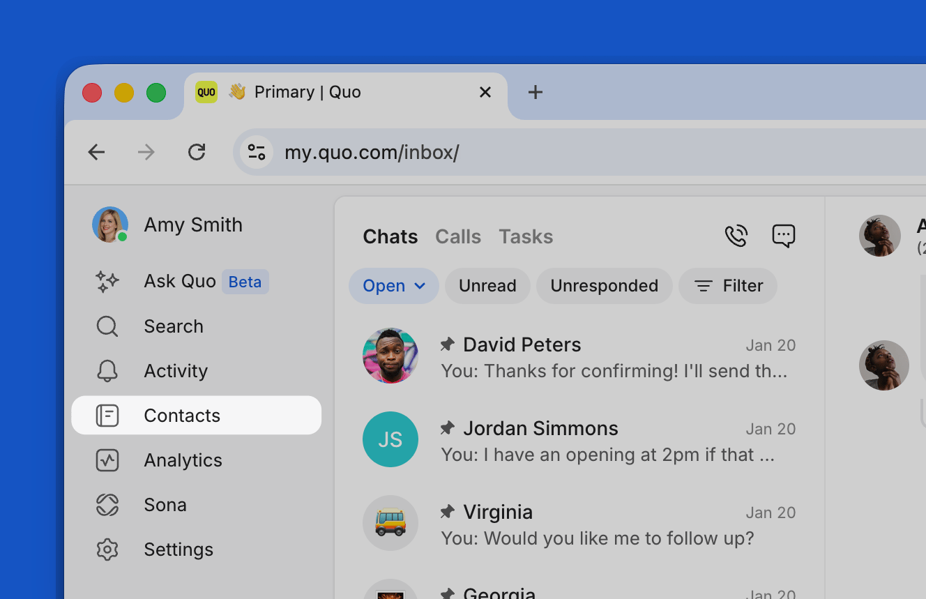 Démarrer une recherche à partir de la page Contacts dans l’app web ou de bureau de Quo