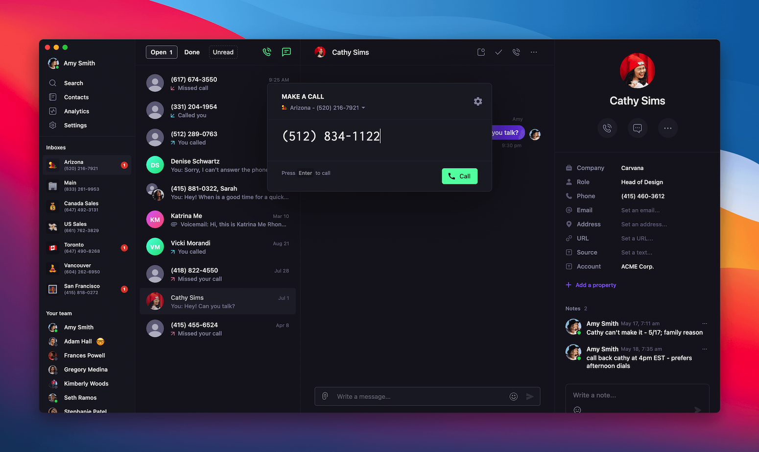 App de Quo para Mac con el número de clic para llamar completado