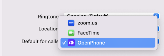 Seleccionar Quo como app de llamadas predeterminada en la configuración de FaceTime