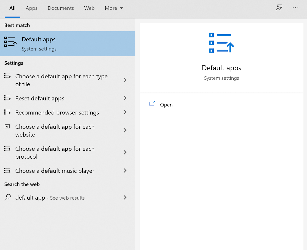 Paramètres des applications par défaut de Windows