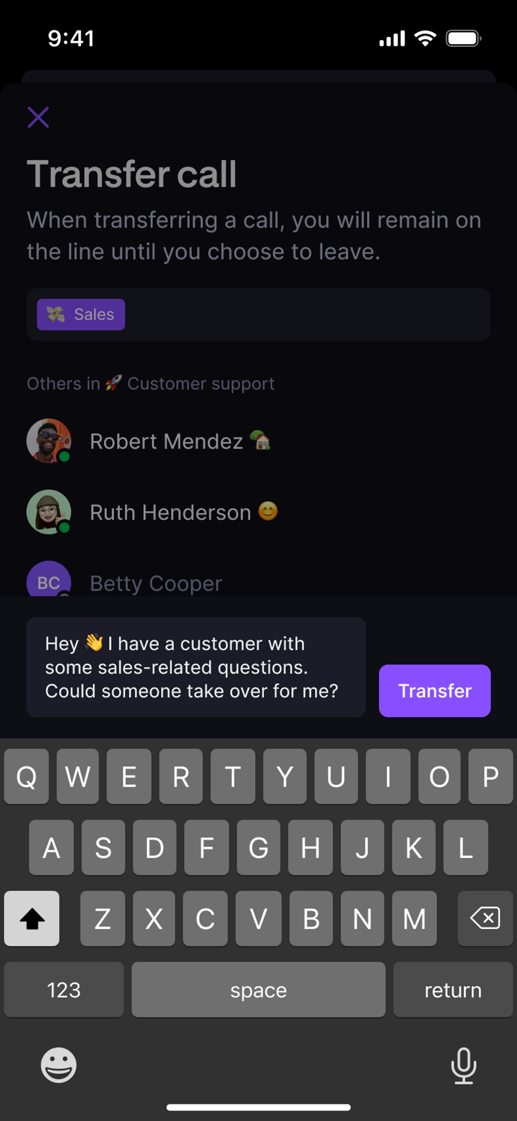 Transfer options on mobile interface