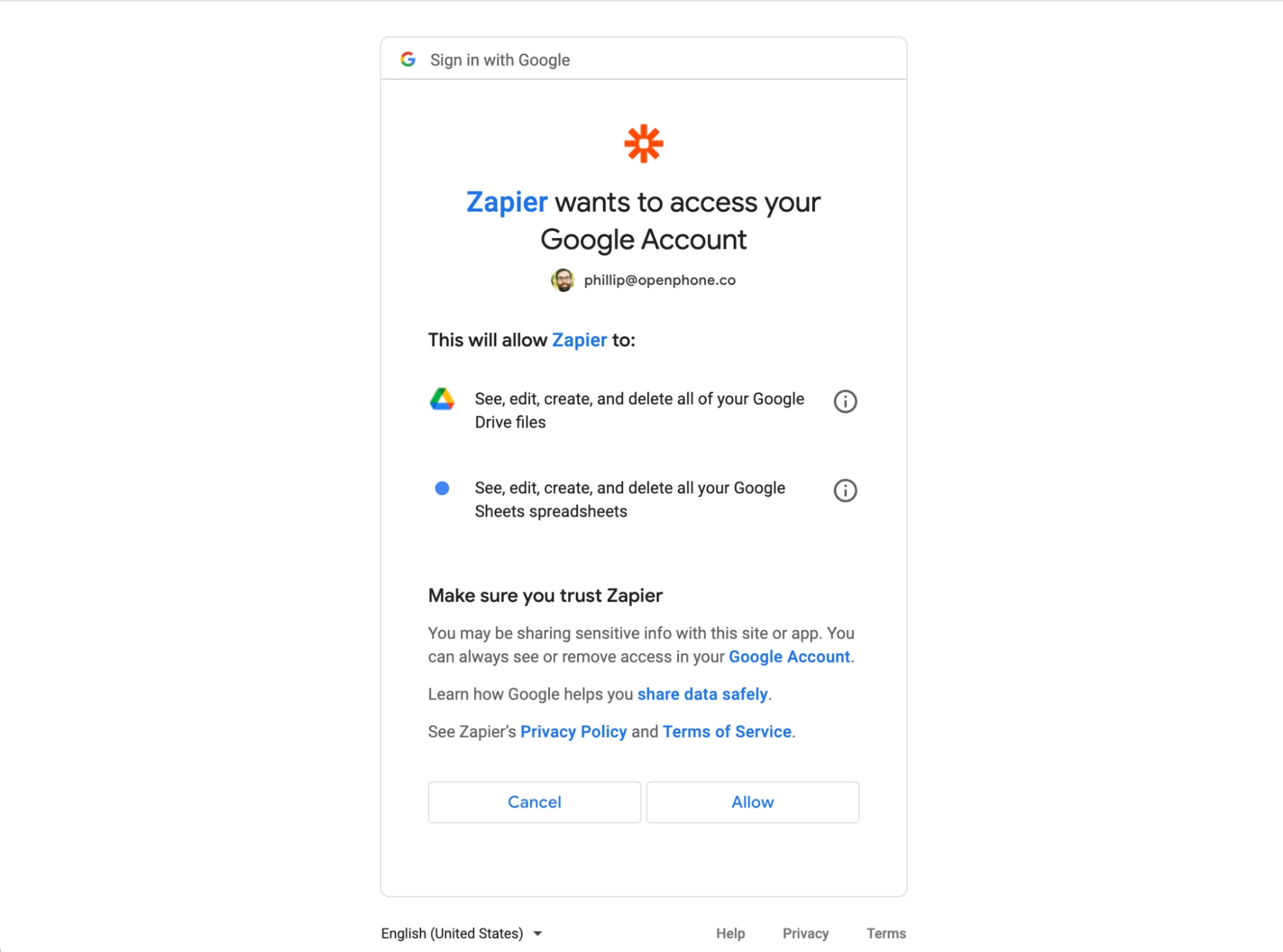 Zapier Google Access Pn